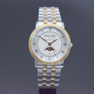 BLANCPAIN hochfeine Herrenarmbanduhr mit Vollkalenderanzeige inklusive Mondphase, Schweiz um 1990, Handaufzug, Edelstahl/Gold kombiniert inkl. ...