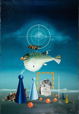 Gerd Flösser, 1936-2000 Gorxheimertal, Ohne Titel, phantastischer Realismus, Öl/Lwd, rechts unten signiert und dat. 72, ca. 100x70cm
