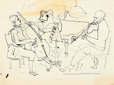 Rudi Baerwind, 1910-1982 Mannheim, Filzstiftauf Papier, Studie, Szene mit 4 Musikanten während des Spiels, signiert, fleckig bzw. Wasserschaden, ...