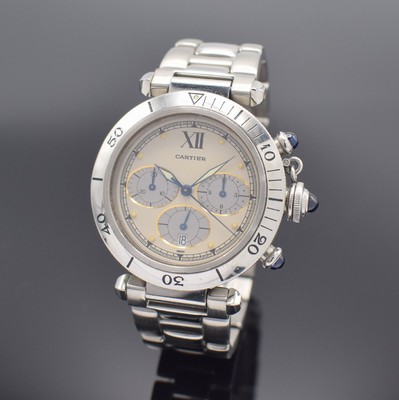 CARTIER Armbandchronograph Pasha, Schweiz um 1995, quarz, Edelstahlgeh., Boden verschr., eins. drehb. Lünette, Gliederband m. dopp. Faltschl., silb. ...