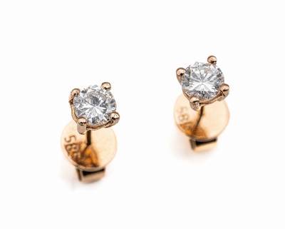 Paar 14 kt Gold Brillant-Ohrstecker, RG 585/000, 2 Brillanten zus. ca. 0.74 ct Weiß/p