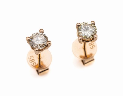 Paar 14 kt Gold Brillant-Ohrstecker, RG 585/000, 2 Brillanten zus. ca. 0.69 ct Getönt/si