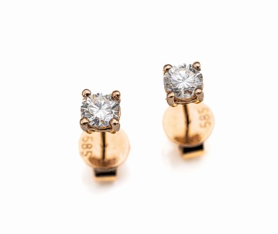 Paar 14 kt Gold Brillant-Ohrstecker, RG 585/000, 2 Brillanten zus. ca. 0.68 ct Weiß/vs