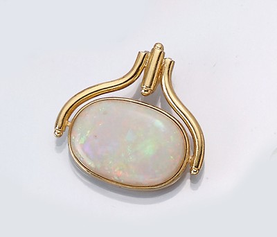 18 kt Gold Opal-Anhänger, GG 750/000, ovaler Opalcabochon ca. 5.0 ct, sehr schönes intensives Farbspiel in Grün, Gelb, Rot und Blau, ca. 2.5 x ...