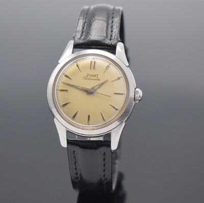PIAGET Automatik Armbanduhr in Stahl, Schweiz um 1955, Automatik, 3-teil. Gehäuse, Boden geschr., Lünette gedr., silb. Zifferbl. pat., aufges. ...