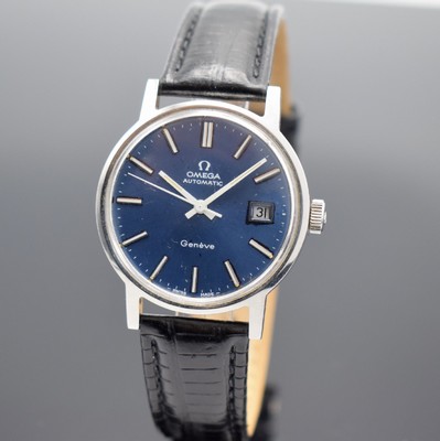 OMEGA Geneve Herrenarmbanduhr in Stahl Referenz 166 0098, Schweiz um 1973, Automatik, 2-teil. Geh., Boden geschr., blaues Zifferbl. m. aufges. ...