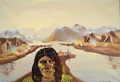Vilhelm Oskar Engström, 1830-1877 Düsseldorf, Zeltlager der Sami an einem Fjord in Lappland, Öl/Lwd, rechts unten signiert, ca. 67x97cm, R.