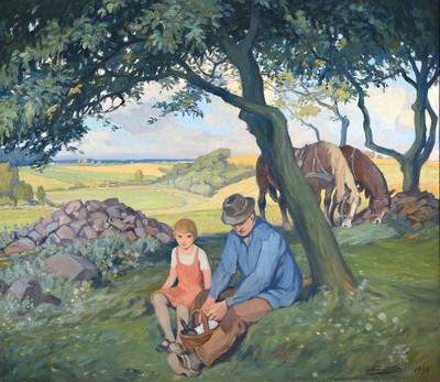 Lars Larsen, 1876-1955, Vater und Tochter bei der Rast unter Bäumen, im Hintergrund die Pferde, Öl/Lwd, rechts unten signiert, und dat. 1930, ca. ...