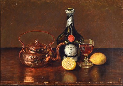 Unbekannter Maler des frühen 20. Jh., Stillleben mit Flasche, Weinglas, Teekessel und Zitronen, Öl/Lwd, unsigniert, ca. 37x53cm, R. ca. 44x59cm