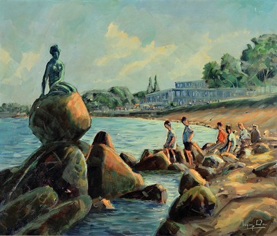 Ingolf Due, geb. 1912 Kopenhagen, Personen am Strand von Kopenhagen, die kleine Meerjungfrau bewundernd, Öl/Lwd, rechts unten signiert, ca. 55x65cm, ...