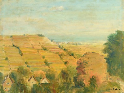Otto Dill, 1884 Neustadt - 1957 Bad Dürkheim, herbstliche pfälzer Landschaft Blick auf Leinsweiler in der Pfalz, vordergründig angeschnittene ...