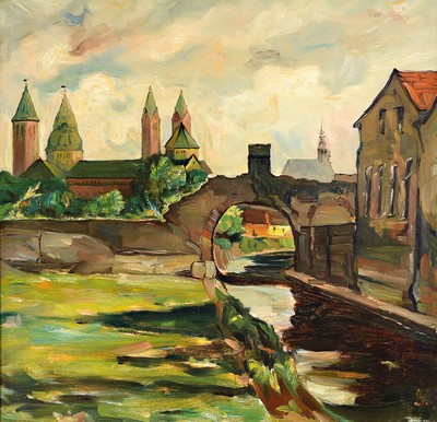 Unbekannter Künstler der 1. Hälfte des 20. Jh., Blick auf den Speyerbach und den Dom zu Speyer, Öl/Lwd, ca. 62x62cm, R. ca. 77x77cm