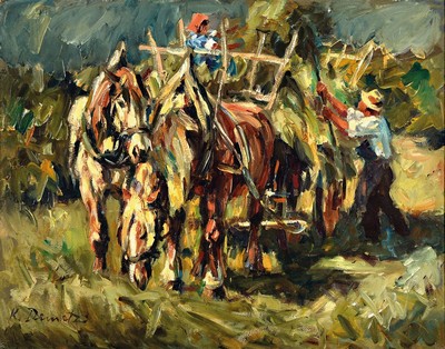 Karl Demetz, 1909 Trossingen - 1986 Apfelstetten, Lehre zum Dekorationsmaler, Studium an der Akademie Stuttgart, Heuernte, wohl Ölstudie, freier ...