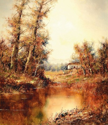 Friedrich Karl Thauer, 1924-2009, Studium in München bei Prof. Metz und Hagenmüller, später bei Kokoschka, hier: Herbst am Staffelsee, rückseitig ...