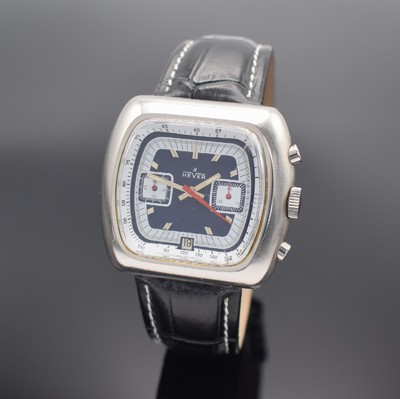 HEVER Herrenarmbanduhr mit Chronograph, Schweiz um 1970, Handaufzug, Edelstahlgeh., Boden geschr., 2-farb. Zifferbl. m. aufges. Std.-Ind., silb. & ...