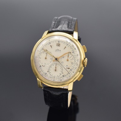 UNVER "Universal Geneve" große Armbandchronograph in GG 750/000 mit Kaliber Valjoux 72, Schweiz um 1950, Handaufzug, 3- teil. Geh. dell., ...