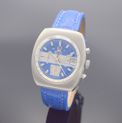 BWC Armbandchronograph mit Kal. Lemania 1340, Schweiz um 1970, Automatik, tonneauförmiges Edelstahlgeh., Boden geschr., ausgefall. 2- farb. ...