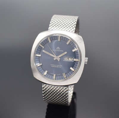 BUCHERER Armbandchronometer in Edelstahl, Automatik, Schweiz um 1970, Boden verschr., neutr. Metallband, blaues Zifferbl. m. silb. Std.-Ind. & ...