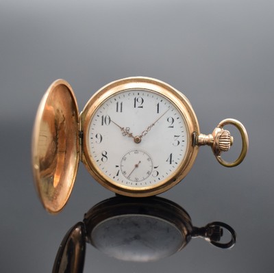 IWC Herrensavonette in RG 585/000, Schweiz um 1905, guill. 2 Deckel Goldgeh. dell., Sprungdeckel m. Monogrammspiegel, Metallcuvette, Emailzifferbl. ...