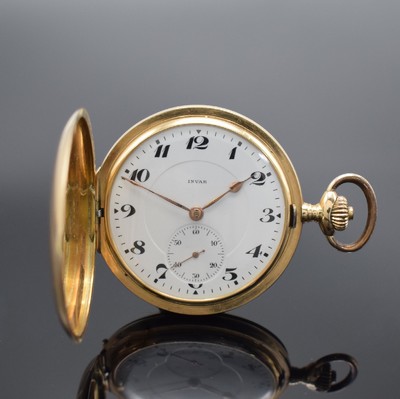 INVAR Herrensavonette in GG 585/000, Schweiz um 1910, glattes 3 Deckel-Goldgeh., Sprungdeckel m. Monogramm, Cuvette m. Medaillengrav., Emailzifferbl. ...