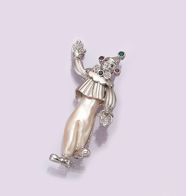 18 kt Gold Brosche/Anhänger "Clown", WG 750/000, Körper aus einer Biwaperle, Monturen 18 kt WG z.T. fein satiniert, rundfacett. kl. ...