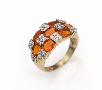 14 kt Gold Brillant-Feueropal-Ring, GG 585/000, 7 ovalfacett. Feueropale zus. ca. 1.40 ct, 10 Brillanten zus. ca. 0.10 ct get.Weiß/p, ca. 4.3 g, RW ...