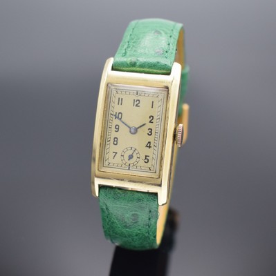 Armbanduhr in GG 585/000, Schweiz um 1930, Handaufzug, Scharnierboden, verg. Krone (teils verg. fehl.), champagnerfarb. Zifferbl. m. arab. Zahlen, ...