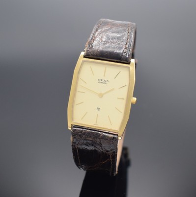 CITIZEN sehr flache Armbanduhr in GG 750/000, Japan um 1980, quarz, Boden aufgedr., champagnerfarb. Zifferbl. m. gold. Std.-Ind. & -Zeigern, M. ca. ...