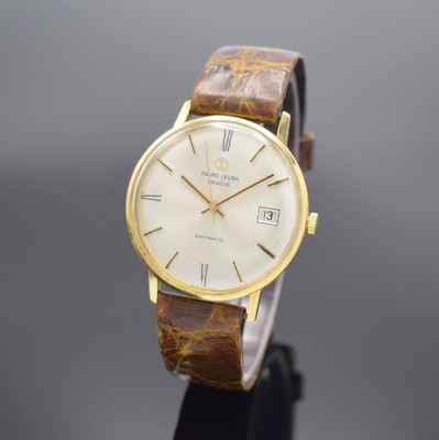 FAVRE LEUBA Daymatic Herrenarmbanduhr in GG 750/000, Schweiz um 1965, Automatik, Monocoque-Geh., Glasrand aufgedr., silb. Zifferbl. l. fl., gold. ...