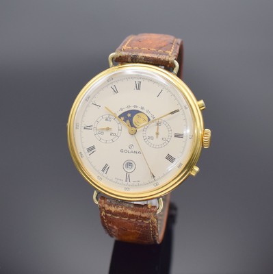 GOLANA große Herrenarmbanduhr mit Chronograph & Mondphase, Schweiz um 1980, Handaufzug, verg. Geh. & gedr. Boden besch., Korrekturdr. f. Mondphase ...
