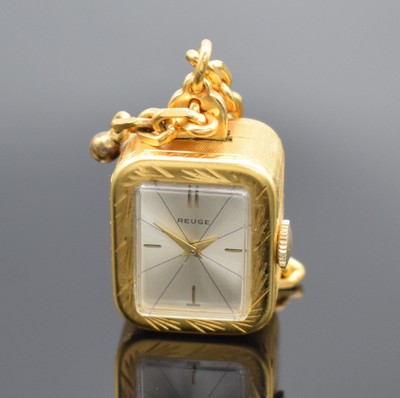 REUGE Miniaturspieluhr an Kette, Schweiz um 1960, Handaufzug, verg. strukt. Geh., gedr., vorderseitig einges. Uhr, silb. Zifferbl. m. gold. Zeiger & ...