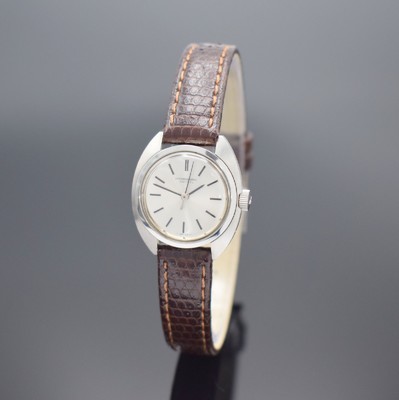 IWC Damenarmbanduhr in Stahl Referenz R 4111, Handaufzug, Schweiz um 1972, Boden verschr., Lederband m. orig. Dornschl., silb. Zifferbl. m. aufgel. ...