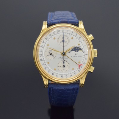 CHRONOSWISS Armbandchronograph mit Mondphase Referenz 77990, Schweiz um 1989, Automatik, verg. Geh., Edelstahlboden verschr., silbernes Zifferbl., ...