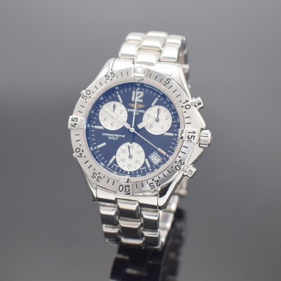 BREITLING Armbandchronograph Serie Colt Referenz A53035, Schweiz um 1995, quarz, Edelstahlgeh. inkl. orig. Gliederband m. Faltschl., schwarzes ...
