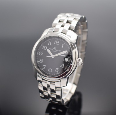 BAUME & MERCIER Armbanduhr Serie Capeland, Schweiz um 2000, quarz, Edelstahlgeh. inkl. Gliederband m. dopp. Faltschl., Boden & Krone geschr., bomb. ...