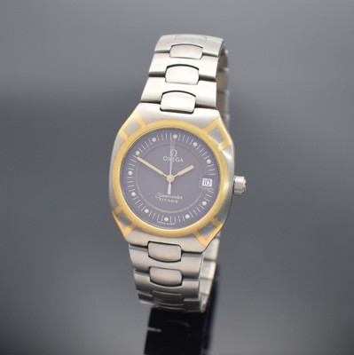 OMEGA Seamaster Polaris Herrenarmbanduhr in Titan/Gold Referenz 3961100.1, Schweiz um 1985, quarz, 2-tlg. Geh., Boden aufgedr., Krone verschr., ...