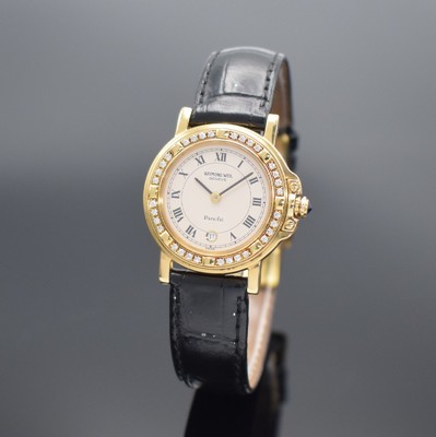 RAYMOND WEIL Damenarmbanduhr Modell Parsifal in GG 750/000 Referenz 10.811, Schweiz um 1995, quarz, Lederband m. verg. orig. dopp. Faltschl., aufw. ...