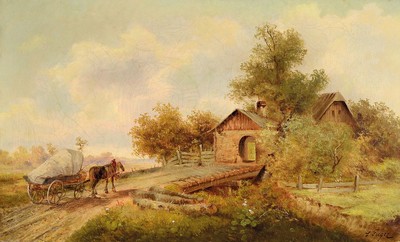 Ludwig Fuger, süddeutscher Maler des 19. Jh., Pferd und Kutsche vor einem Bauernhof, Öl/Lwd, rechts unten signiert, ca. 42x69cm, Prunkrahmen ca. ...