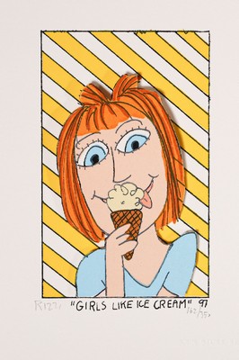 James Rizzi, 1950-2011 New York, Girls like Ice Cream, dreidimensionale Farblithographie von 1997, handsigniert und num. 162/350, ca. 10.5x7cm