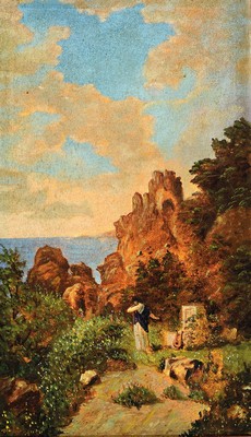 Unbekannter Künstler der 2. Hälfte des 19. Jh., Felsige Küstenlandschaft mit einer trauernden antiken Frau vor einem Monument, Öl/Lwd, links ...