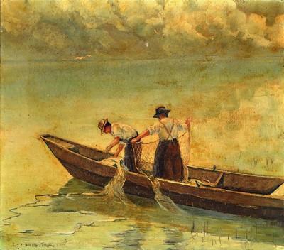L. Fabian, Maler der Münchener Schule, um 1900, zwei Fischer mit Netzen in ihrem Boot, Öl/Lwd, links unten signiert, reinigungsbedürftig, ca. ...