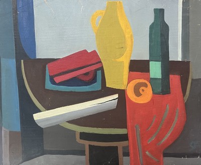Monogrammist St., Maler des 20. Jh., Kubistisches Stillleben, Öl/Lwd/Malkarton, rechts unten monogr., ca. 55x75cm