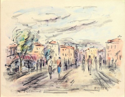 Heinz Maria Lauer, 1924 Gunzenau-2014 Saarbrücken, Flanierende Personen in einer französischen Stadt, kolorierte Bleistiftzeichnung auf Papier, ...