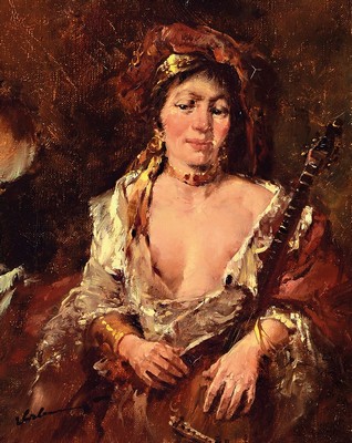 Gerhard Dickmeis, 1918 Heinsberg - 1978 Jülich, Lehre zum Plakatmaler, Sinti-Dame mit Laute und halb entblößter Brust, Öl/Lwd, untenlinks ...