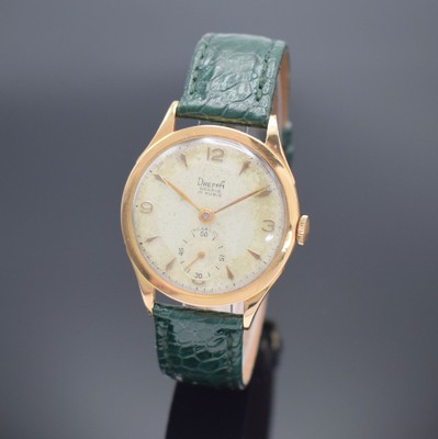 DREFFA Geneve Herrenarmbanduhr in RG 750/000, Schweiz um 1950, Handaufzug, gedr. Boden dell., silb. Zifferbl. altersbed. pat./fl., gold. Std.-Ind. & ...