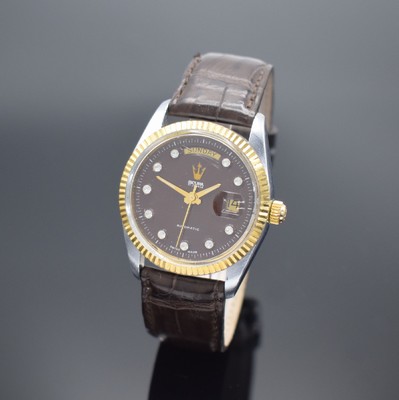 SICURA Herrenarmbanduhr Day-Date, Schweiz um 1975, verchr. Geh., Stahlboden verschr., geriffelte Lünette verg., bordeaux-farb. Zifferbl. m. gold. ...