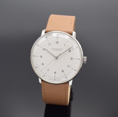 JUNGHANS Max Bill Design Herrenarmbanduhr in Stahl, Deutschland um 2015, Automatik, Ref. 27.3502, Boden verschr., orig. Lederband m. Dornschl., silb. ...