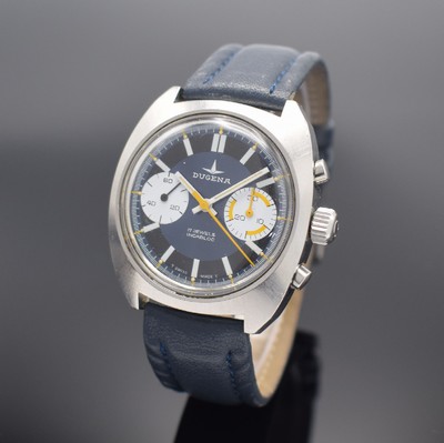 DUGENA Herrenchronograph mit Kaliber Valjoux 7733 in Stahl, Schweiz um 1975, Handaufzug, Boden aufgedr., Omega Krone, blaues Zifferbl. m. Leuchtind. ...