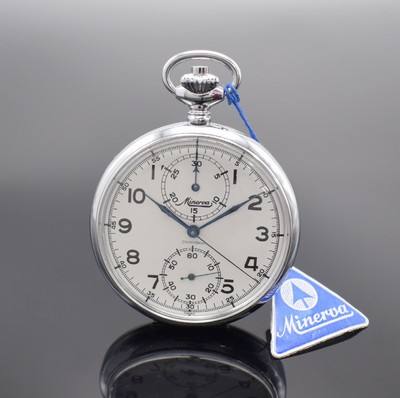 MINERVA nahezu neuwertige Taschenuhr mit Chronograph, Schweiz 1960er Jahre, glattes verchr. Geh., weißes Zifferbl. später, arab. Zahlen, gebl. ...