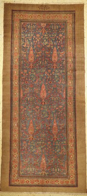 Antiker Khanteppich, Persien, signiert, datiert 1201(1822), Wolle auf Baumwolle, ca. 380 x 173 cm, (gleichmäßig dünner Flor)